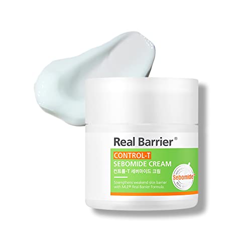 Real Barrier Control-T Sebomide Cream 50ml, Alivio con árbol de té y hoja de corazón, Hidratante facial de pH bajo para piel sensible deshidratada con acné graso, eliminando el exceso de sebo