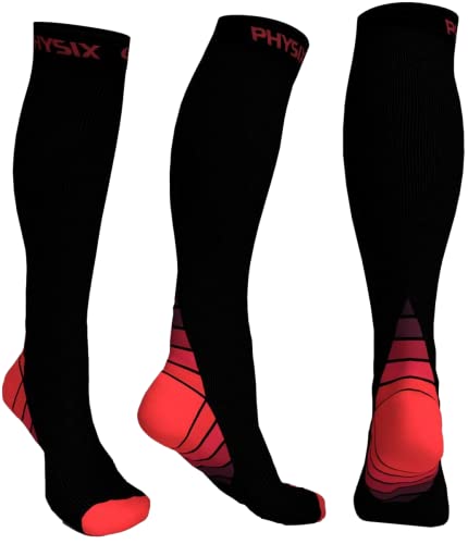 Physix Gear Sport Calcetines de compresión, los mejores calcetines compresión mujer y hombre para el dolor de pies y gemelos, medias de compresión hombre y mujer, 1 par, XXL, negro/rojo