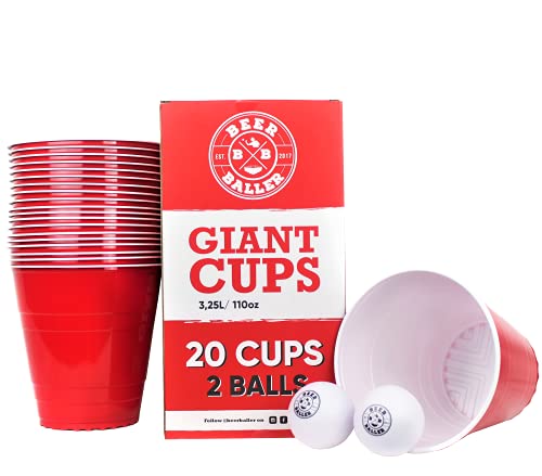 BeerBaller Giant Beer Pong Cups | Beer Pong XXL | 3,25 L – 310 oz | 25 Copas Rojas de Beerpong y 2 Bolas Suaves | Gran Juego de Vasos de Cerveza Pong
