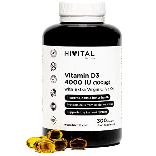 Vitamina D3 4000 UI | 300 perlas para 10 meses | Vitamina D Natural Colecalciferol con Aceite de Oliva Virgen Extra | Mantiene las articulaciones y huesos sanos, y mejora el sistema inmunológico