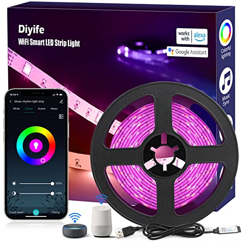 Diyife Tira LED RGB 3M, [WiFi Versión] WiFi Luces LED Habitacion Inteligente RGB,Tira LED, Control de Voz y APP, Múltiples Modos de Escena y Sincronización de Música para el Hogar, TV, Fiesta