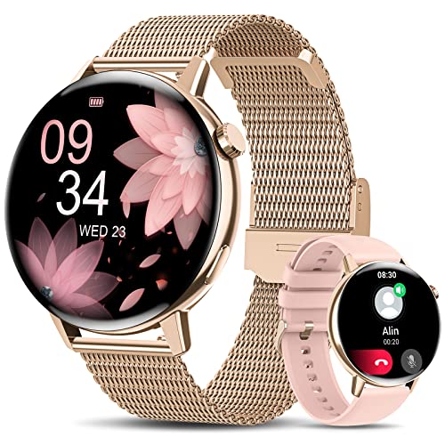 Reloj Inteligente Mujer Llamadas Bluetooth/Marcación, 1.32' Smartwatch Mujer Frecuencia Cardiaca/SpO2/Monitor Sueño/Seguimiento Menstrual/Reproductor Música/20 Modos de Deportes Android iOS Oro