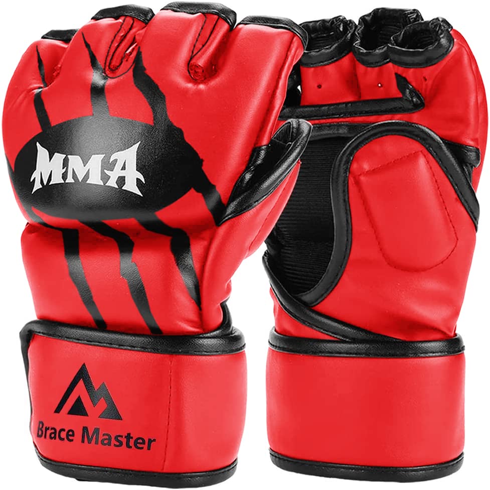 Brace Master MMA Gloves Guantes UFC Guantes de Boxeo para Hombres Mujeres Cuero Más Acolchado Saco de Boxeo sin Dedos Guantes para Kickboxing, Sparring, Muay Thai y Heavy Bag (Rojo S)